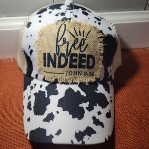 Reborn Creations- Christian Cow Print Hat with distressed patch.